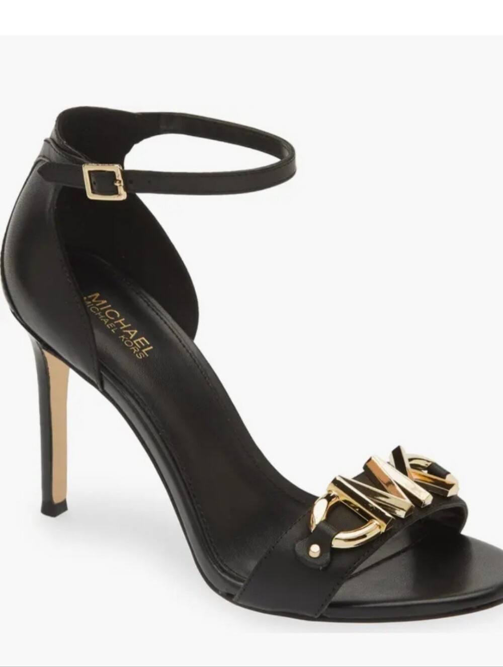 Michael Kors Black Leather Ankle-Strap Stiletto Heels with Gold MK Logo